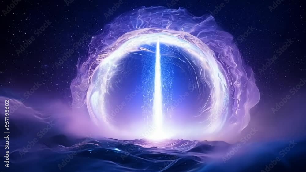 Aufkleber Beam of light is coming from a portal in space, illuminating a dark and desolate world. This fantasy image evokes the mysteries of the universe and the possibility of other dimensions
