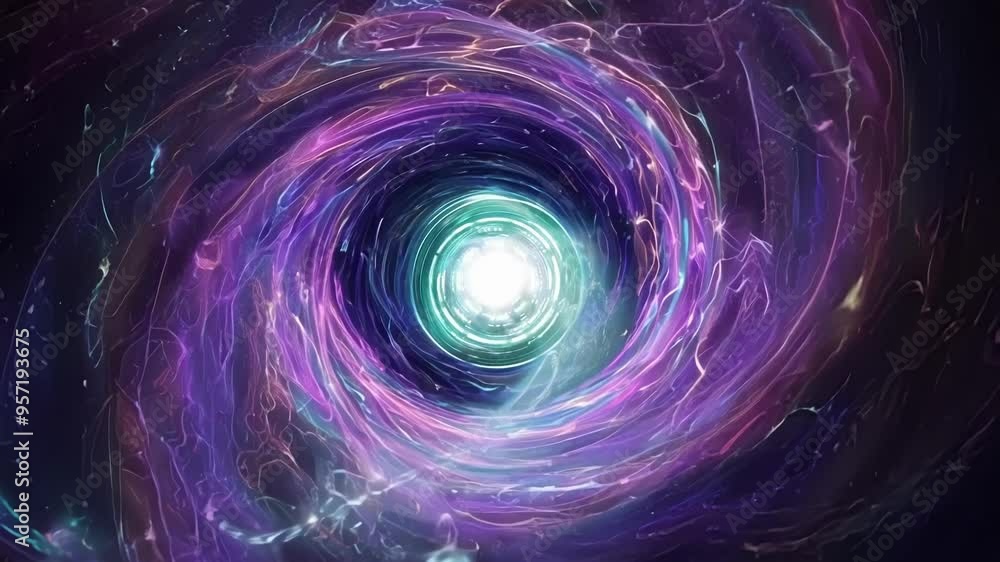 Poster vibrant purple and blue energy vortex is swirling and creating a bright light in its center, suggest