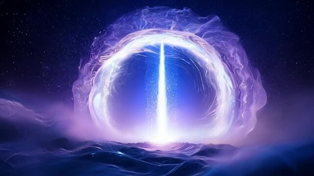 Beam of light is coming from a portal in space, illuminating a dark and desolate world. This fantasy image evokes the mysteries of the universe and the possibility of other dimensions