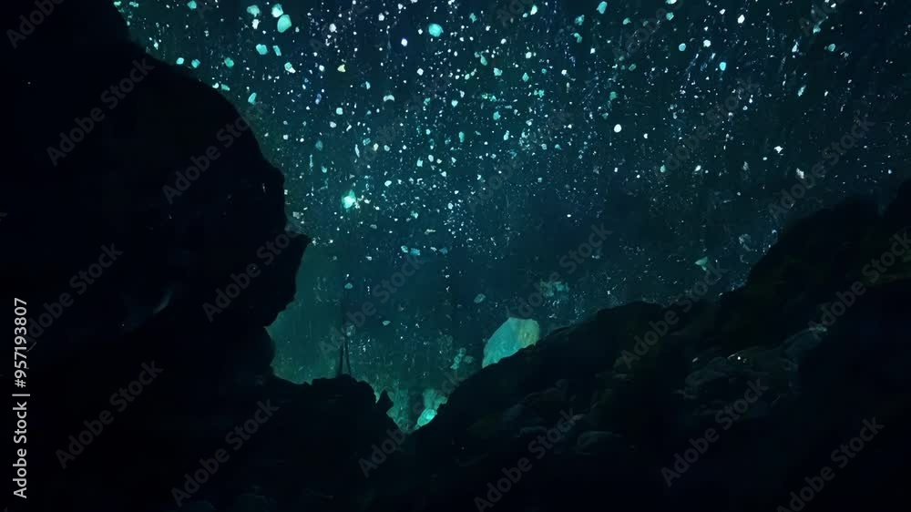 Poster exploring the ocean's depths, find a mystical glowing cave with turquoise light, creating a magical 