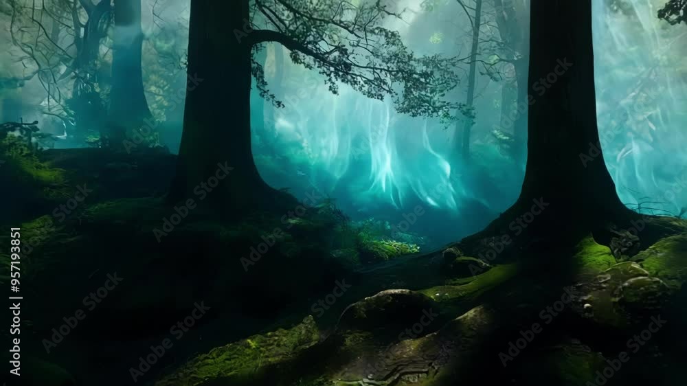 Poster swirling mist among dark trees creates an ethereal atmosphere in a mysterious forest, covered in mos