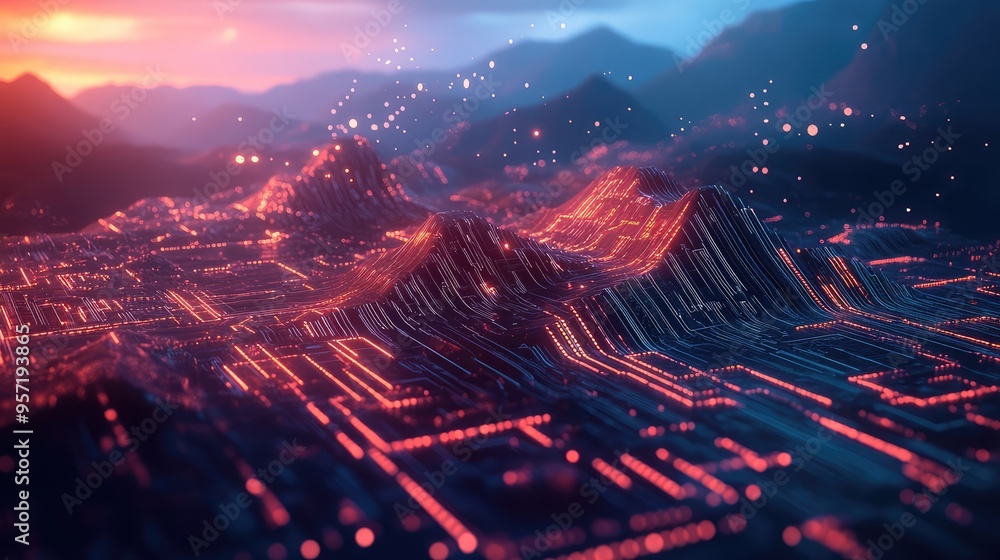 Poster a high-tech mountain range with circuit board textures, set against a futuristic sky filled with flo