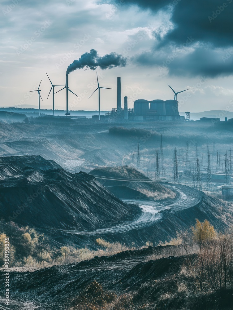 Aufkleber wind turbines stand tall against the backdrop of closed coal mines and old factories, illustrating t