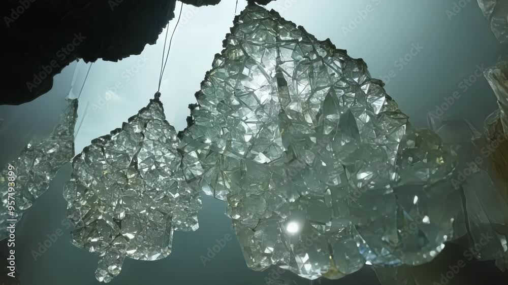 Poster Several giant crystal formations are hanging in a cave, sparkling from the sunlight shining through the opening. The mystical scene evokes a fantasy world