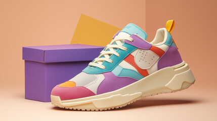 Close-up photo of multi-colored retro style sports sneakers on a neutral background. Vintage retro style from the 80s-90s.