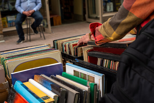 Quebec City senior man at street record shop