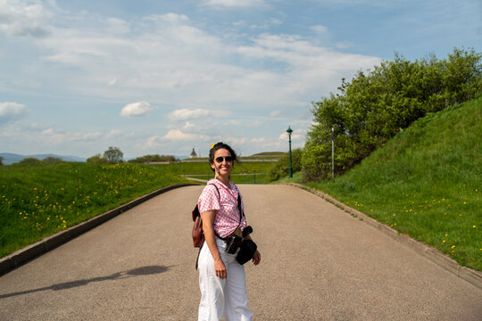 Tourist enjoying Quebec City Plains of Abraham in the spring