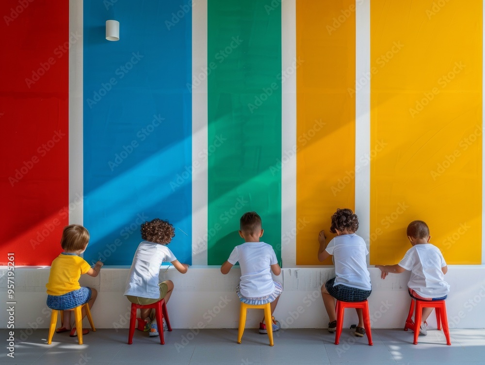 Aufkleber Diverse Group of Elementary School Children Collaborating on a Group Project in a Vibrant Classroom Setting During Daytime