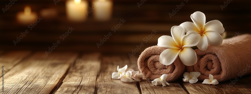 Aufkleber relaxing spa setting with rolled towels and delicate flowers placed on rustic wooden surface in tran