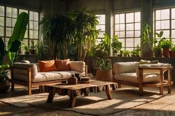 An eco-friendly home interior design, featuring natural elements and sustainable materials, blending nature with modern living. - Save mother earth