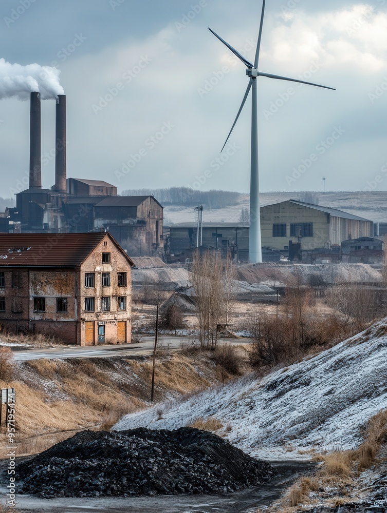 Aufkleber old factories and coal mines juxtaposed with modern wind turbines illustrate the transition to susta