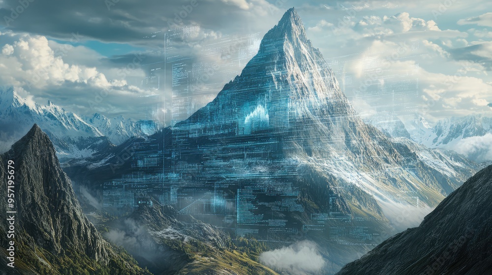 Poster a mountain landscape made of holographic computer displays, with data streams and digital elements e