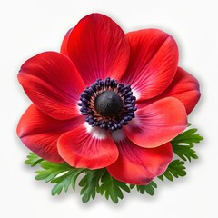 Anemone Flower with Green Foliage, Close-up, Vivid Red Petals, White Background, Floral Beauty, Anemone, Flower