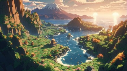 Wallpaper anime landscape sea and mountains