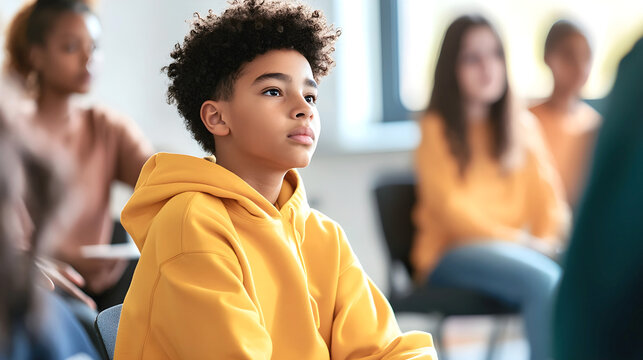 Attentive young boy in a yellow hoodie listening intently during a classroom lesson, with other students in the background
