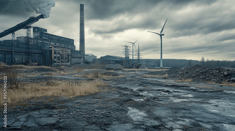 Poster Abandoned factories stand alongside wind turbines, illustrating the transition from coal dependency to sustainable energy generation. Generative AI