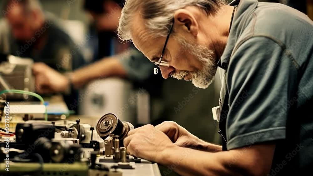 Poster experienced technician in safety glasses assembles machinery in factory setting with precision and s