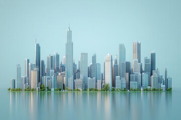 Fototapeta premium A stunning modern skyline featuring various skyscrapers reflected on calm water, showcasing urban design and architecture.
