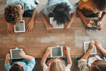 Diverse Group of Students in Modern Classroom Engaging in E-Learning with Tablets and Interactive Screens