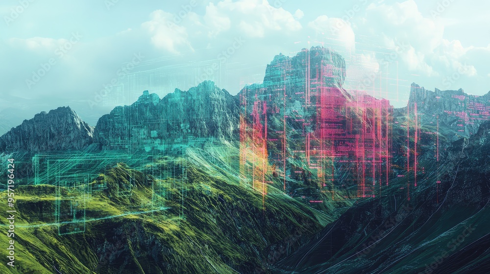 Poster a mountain landscape made of holographic computer displays, with data streams and digital elements e