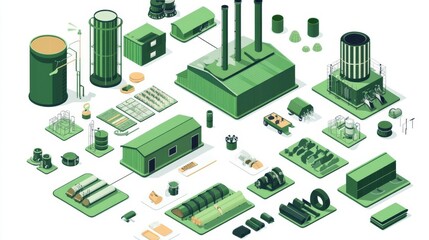Diagram showing various green energy facilities and components, illustrating different sustainable energy systems and infrastructure.