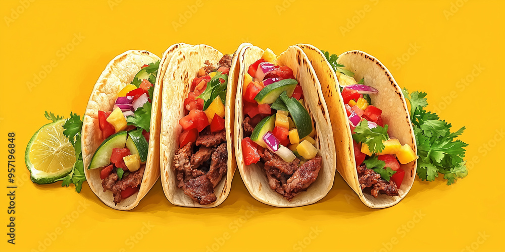 Wall mural Three soft tacos arranged side by side with a mix of vegetables and meat