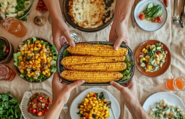 Hands passing corn on the cob at a family dinner table with diverse dishes and drinks