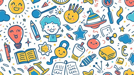 Colorful Doodle Pattern with Various Happy Objects