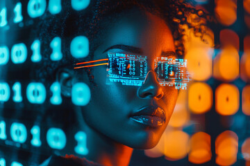Portrait front view of a female African American IT specialist analyzing futuristic holographic data, with binary code in the foreground, in blue and orange tones, ideal for AI cybersecurity