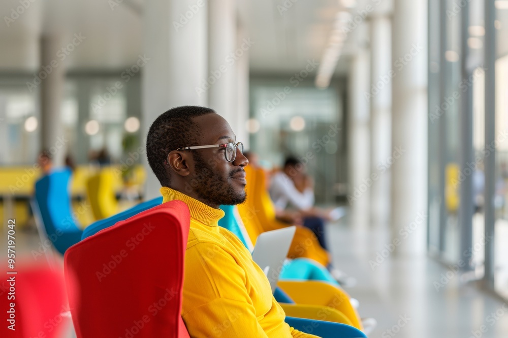 Aufkleber diverse young male student engaged in collaborative online learning in bright modern campus during d