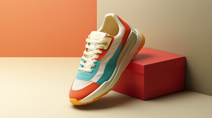 Close-up photo of multi-colored retro style sports sneakers on a neutral background. Vintage retro style from the 80s-90s.