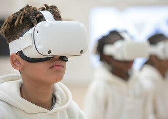 Diverse Young Students Engaged in AR/VR Collaborative Learning Project, Daytime Academic Setting, Focused and Innovative Mood with Modern Technology