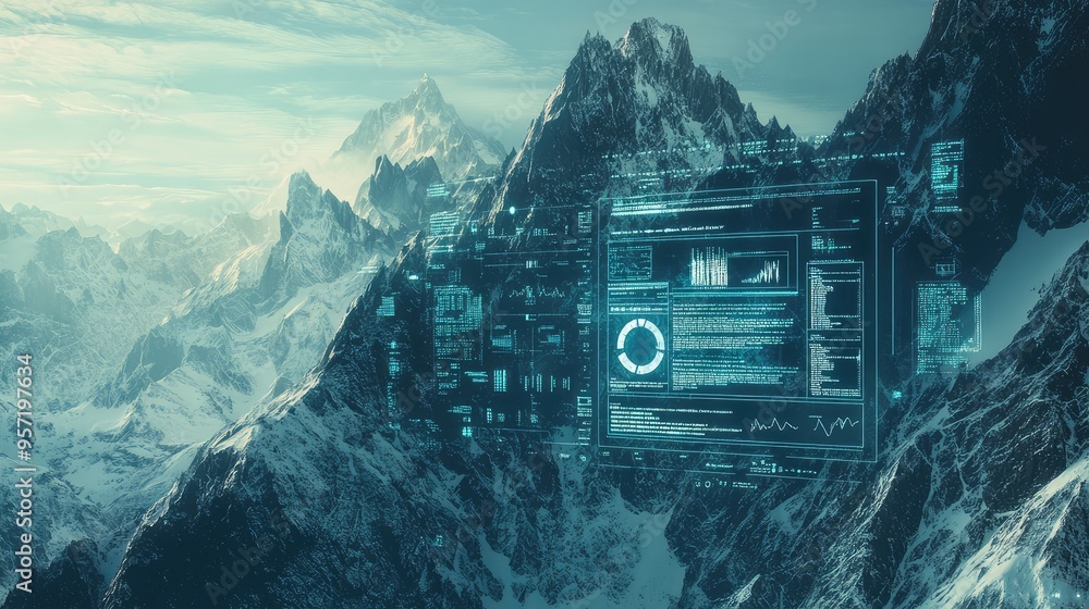 Poster A surreal depiction of a mountain range with computer screens as the peaks, displaying various data and digital information