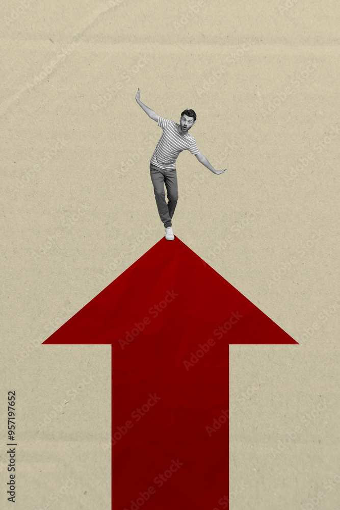 Aufkleber vertical composite collage image picture of mini guy balancing huge arrow isolated on creative backg