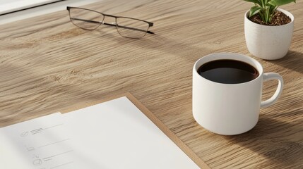 Desk setup with business plan, coffee, glasses, strategic planning, 3D illustration