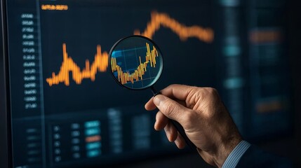 Financial expert analyzing complex data charts on a monitor, using a magnifying glass to focus on critical insights