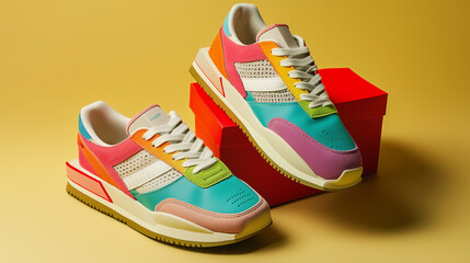 Close-up photo of multi-colored retro style sports sneakers on a neutral background. Vintage retro style from the 80s-90s.