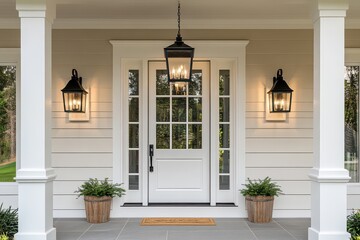 Elegant Front Porch with White Door and Black Lantern Lights