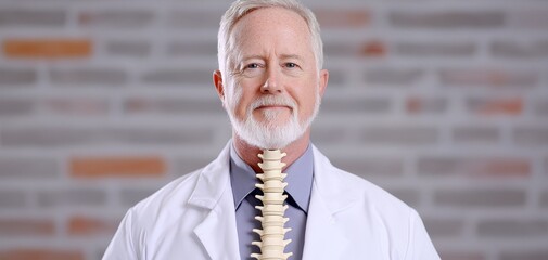 Medical expert using a spinal model to explain vertebral health, focusing on orthopedic care and spinal alignment