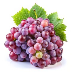 Fototapeta premium Close-up of Red Grapes with Green Leaf, White Background, Composition - Single Bunch, Image Details - High Resolution, Concept - Freshness and Health, Grape, Fruit