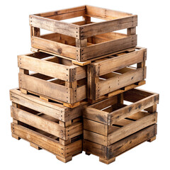 4 rough wooden crates are stacked by size, largest on bottom and smallest on top, giving a weathered look