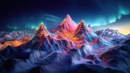 Obraz premium A surreal mountain landscape with peaks formed from computer parts, and a sky illuminated by digital auroras and interactive elements