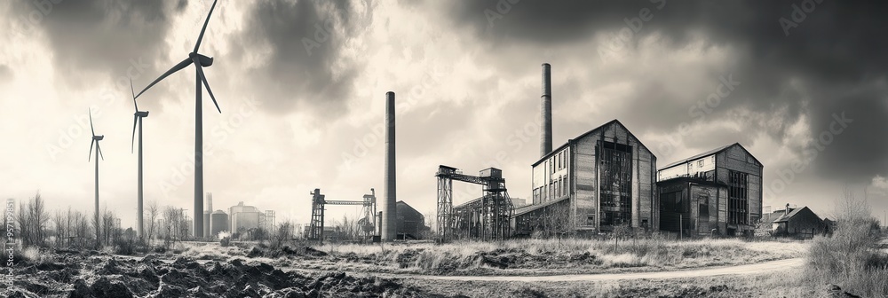 Leinwandbilder old factories stand in stark contrast to modern wind turbines, symbolizing the shift towards renewab