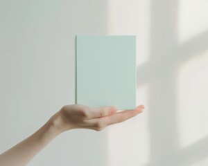Young Womans Light Skin Hand Holding Pastel Teal Window Model in Soft Diffused Lighting, Minimalist Aesthetic, Advertising Mockup, White Background, Daytime