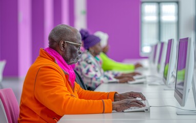 Diverse Adult Learners Engaged in Professional Development Workshop at Computer Lab, Midday, Focused and Dedicated Mood