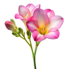 Fototapeta premium Delicate Pink Freesia Flower with Buds, Close-Up, Isolated, White Background, Nature, Floral, Blossom