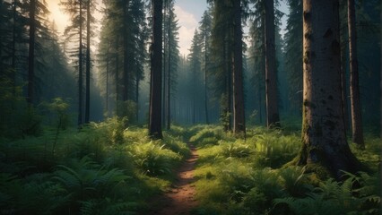 Obraz premium Wallpaper natural summer forest and sun rays penetrating through trees