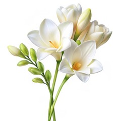 Fototapeta premium Delicate White Freesia Bouquet with Buds, Digital Painting, White Flower, Green Stems, White background, freesia, flower