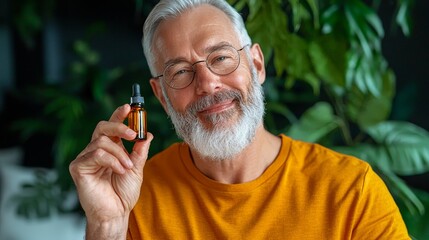 Elderly man taking oil drops in a sunlit living room, soft watercolor style, embracing natural wellness.