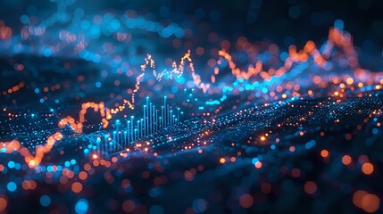 Fototapeta premium futuristic image showcasing glowing data points and lines in blue and orange, representing digital data flow, analytics, and technological advancement. Perfect for tech, finance, and data science